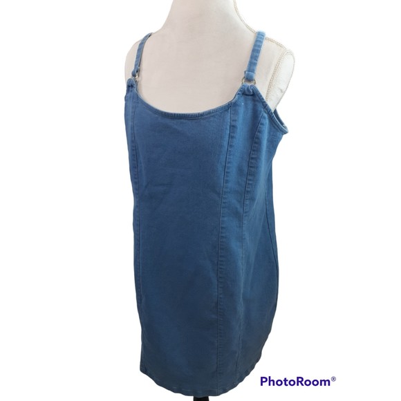 Women Plus Sz 2X Blue Jean Denim Bodycon Dress T Strap Knee Length Full Zipper - Picture 1 of 10